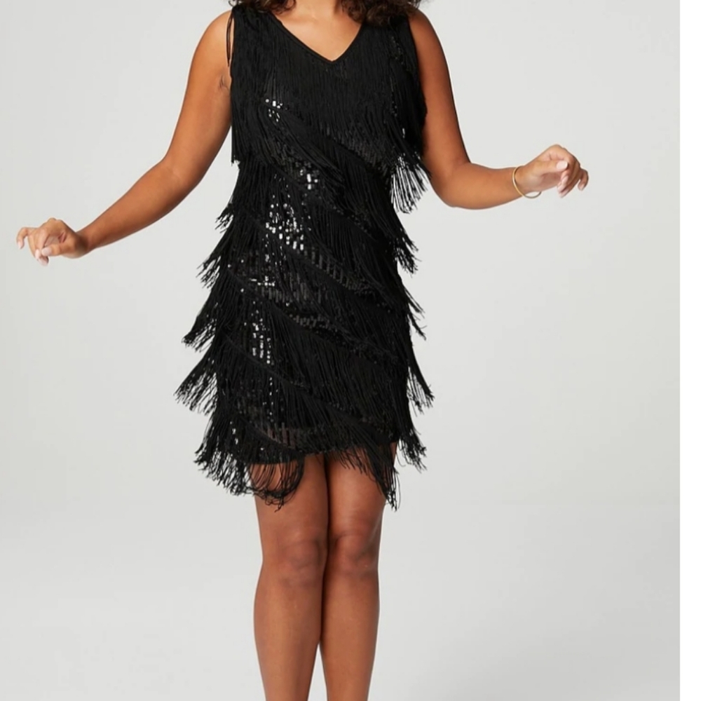 Sequins and Fringe Flapper Cocktail Midi Dress